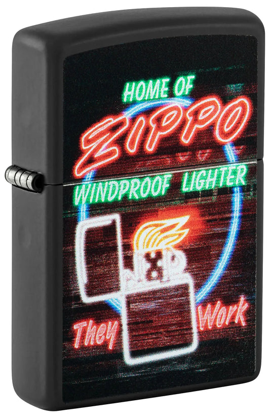 Zippo Neon Sign Black Matte Lighter The Cigar Bank